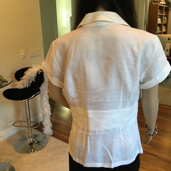 White Linen Tie Waist Short Sleeve Buttoned Blouse - Picture 6 of 7